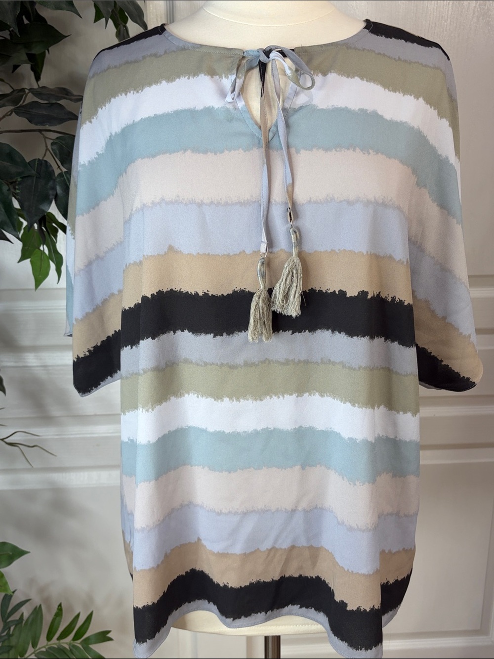 Belle by Kim Gravel Striped Blouse with Tassel Trim ~ Neutral Stripe